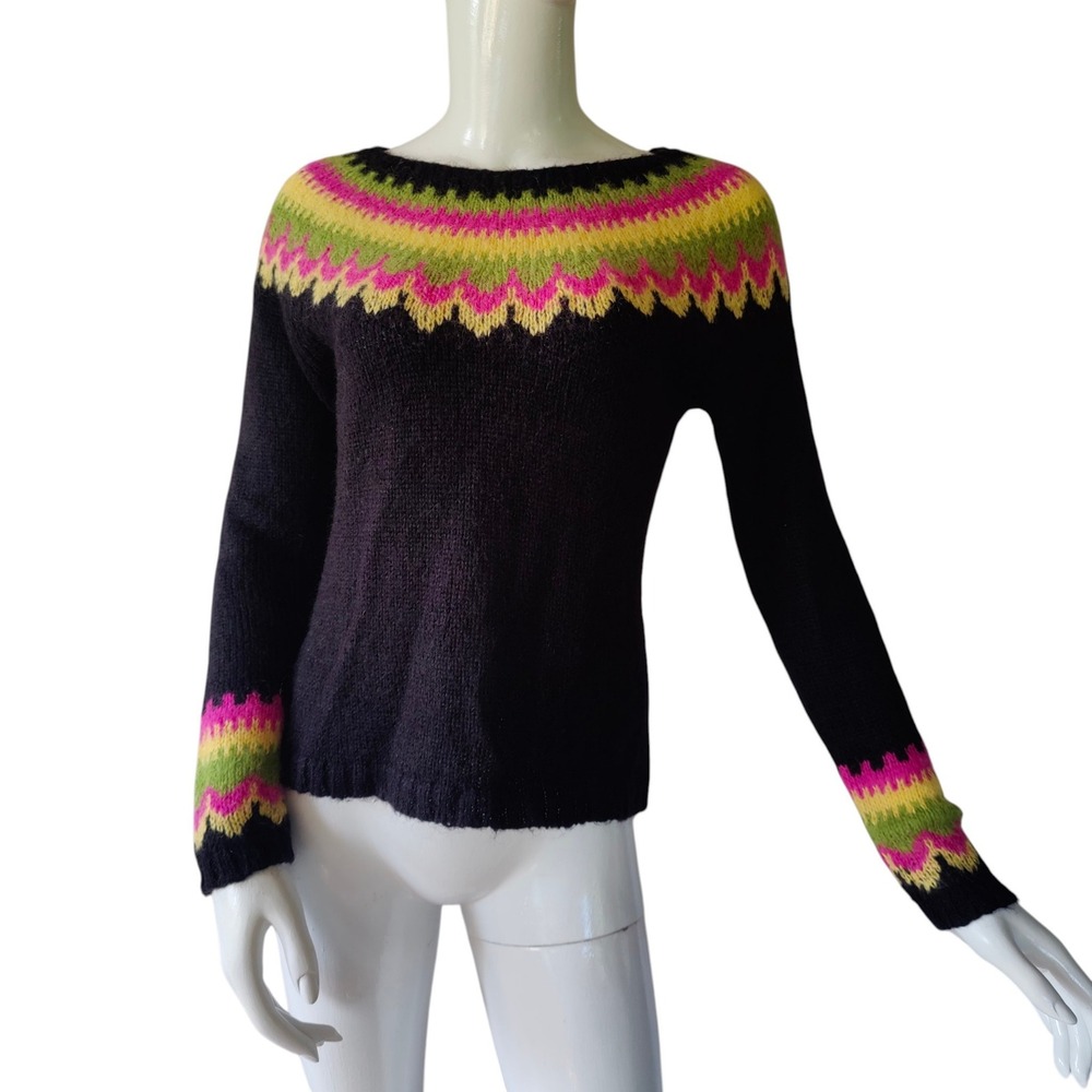 Vintage 90s Fuzzy Fair Isle Sweater Nordic Chunky Knit Black Wool Blend INC Sz M